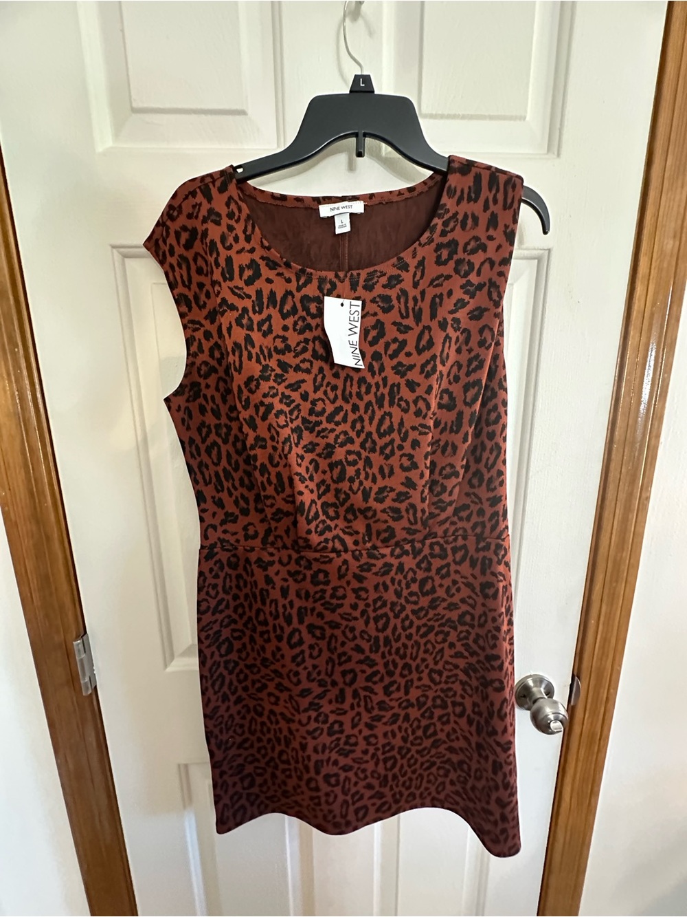 Nine West Brown Leopard Print Cap-Sleeve Shift Dress